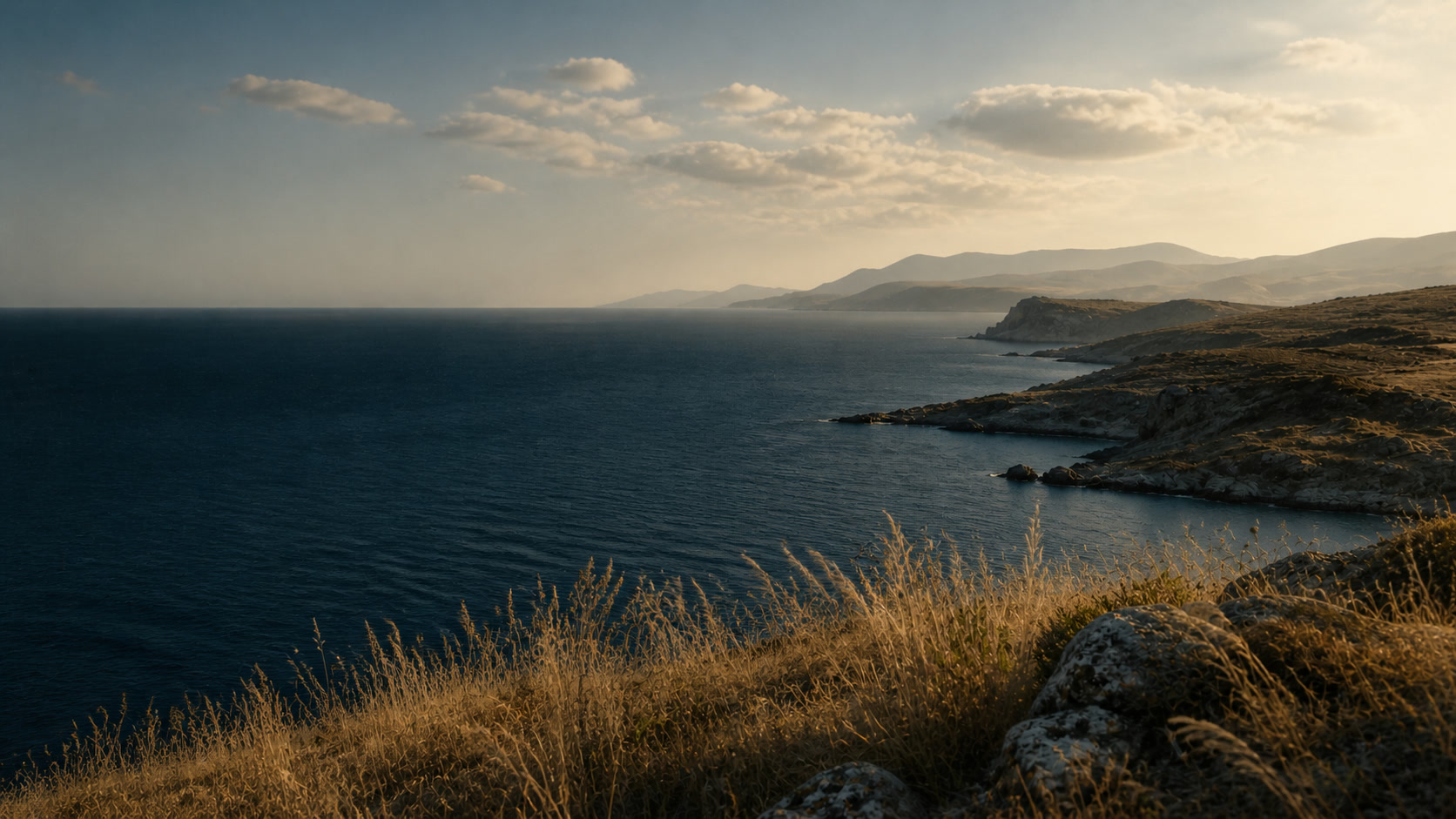 A golden-hour North Aegean coastline and open sea